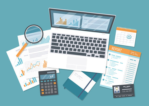 Financial audit, accounting, analytics, data analysis, report, research. Documents with charts graphs, report, magnifying glass, calculator. Business background.