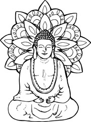 Illustration of a meditating buddha. Mandala in the style of sentangle. Street art