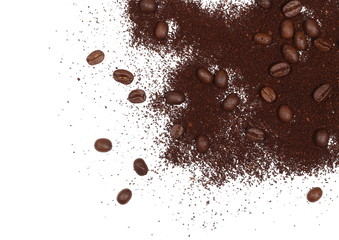 Pile of powdered, instant coffee grains and beans isolated on white background, top view
