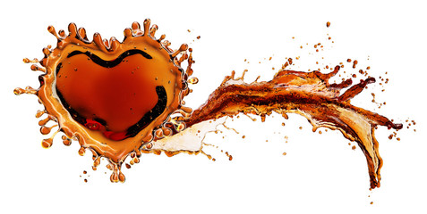 Heart from cola splash with bubbles isolated on white - obrazy, fototapety, plakaty