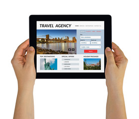 Hands holding digital tablet computer with travel agency concept on screen. Isolated on white. All screen content is designed by me