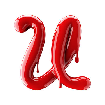 3D render of red alphabet make from nail polish. Handwritten cursive letter U. Isolated on white