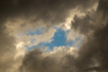 Storm clouds in the sky at sunset as background