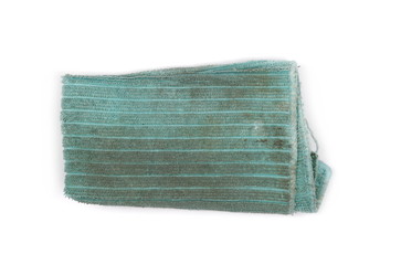 Dirty blue crumpled microfiber cloth isolated on white background, top view
