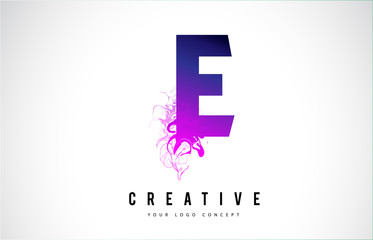 E Purple Letter Logo Design with Liquid Effect Flowing