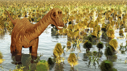 Prehistoric landscape with big diplodoc 3d rendering © satori