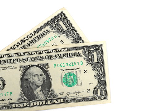 One dollar bills, isolated on white background