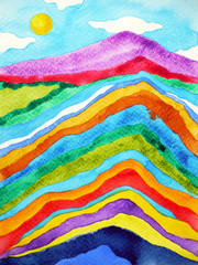 rainbow mountain range, blue sky watercolor painting illustration design