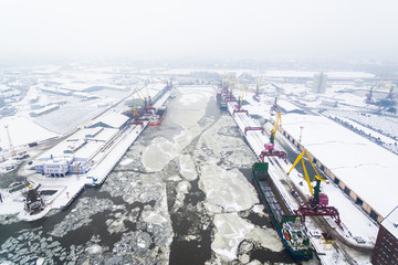Fototapeta premium Aerial: The port of Kaliningrad in the cold winter