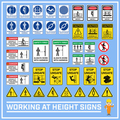 Set of safety caution signs and symbols of working at heights, Working at height signs to use in worldwide construction and industrial services