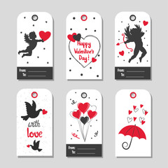 Set of Valentine's Day gift tags. Vector illustration in black and red colors.
