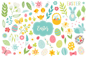 Set of Easter design elements. Eggs, chicken, butterfly, rabbit, tulips