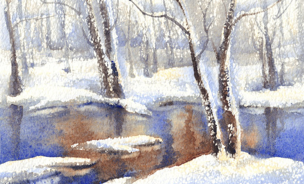 winter landscape with a river watercolor
