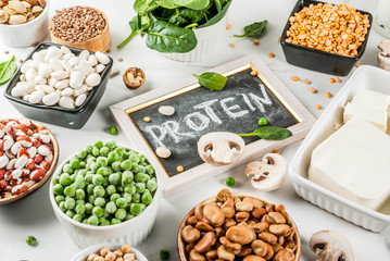 Healthy diet vegan food, veggie protein sources: Tofu, vegan milk, beans, lentils, nuts, soy milk,...
