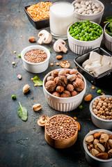Healthy diet vegan food, veggie protein sources: Tofu, vegan milk, beans, lentils, nuts, soy milk, spinach and seeds. Top view on white table.