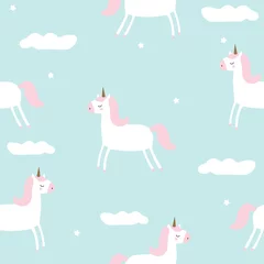 Wall murals Unicorn Seamless pattern with magical unicorn in the sky. Vector hand drawn illustration.