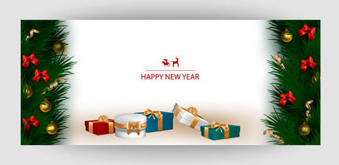 Horizontal design background with white gift boxes and a gold bow with tree branches and balls. Template Invitation For Happy  New Year, Merry Christmas. For a banner, postcards. flyer. Vector