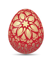 Realistic vector bright red Easter egg with golden decorative floral branch and shadow