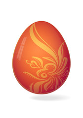 Realistic vector bright red Easter egg with golden decorative floral branch and shadow
