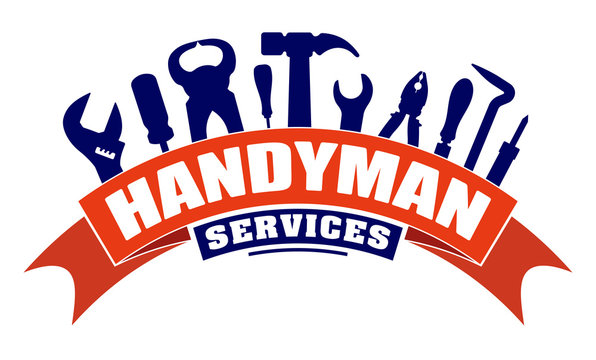 Handyman services vector design for your logo or emblem with  bend red banner and set of workers tools. There are wrench, screwdriver, hammer, pliers, soldering iron, scrap.