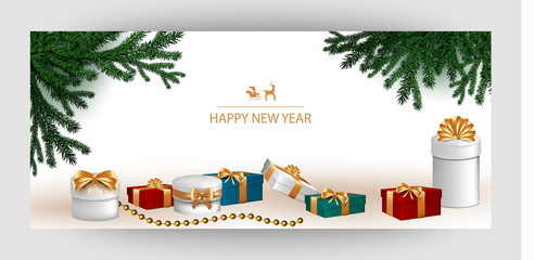 Horizontal design background with white gift boxes and a gold bow with tree branches and balls. Template Invitation For Happy  New Year, Merry Christmas. For a banner, postcards. flyer. Vector