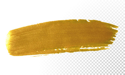 Fototapeta premium Gold paint brush smear vector stroke. Acrylic golden color stain on transparent background. Abstract gold glittering textured paint for invitation, wedding or bithday card template