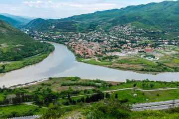 View from Jvari Monastery, Mtskheta, Georgia, Eastern Europe overlooking estuaries of Mtkvari and Aragvi Rivers.