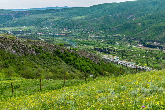 View south from Jvari Monastery, Mtskheta, Georgia, Eastern Europe overlooking Mtkvari River and Mukhatgverdi.