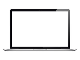 Modern open laptop with blank screen isolated on white background. Realistic laptop mockup. Computer screen front view. Vector illustration