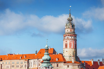Fototapeta premium Classic view of the orange roofs of Cesky Krumlov and the famous tower