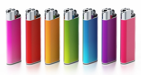 Generic multi colored lighters isolated on white background. 3D illustration