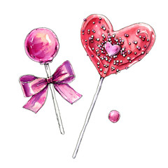 Watercolor lollipops isolated on white background. Hand drawn illustration for Valentines Day.