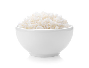 rice in white bowl on white background