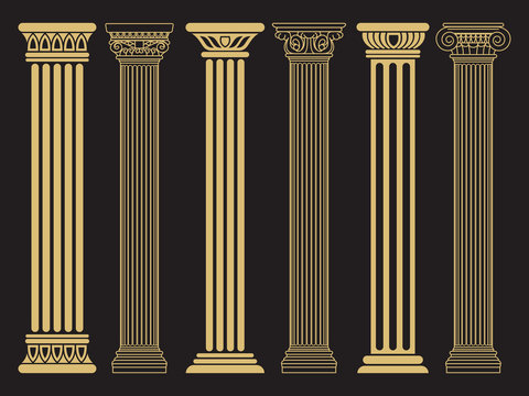 Elegant Classic Roman, Greek Architecture Line And Silhouette Columns