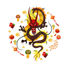 Naklejka premium Traditional chinese Dragon, ancient symbol of asian or china culture, decoration for new year celebration, mythology animal vector illustration, idea for tattoo design