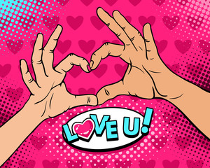 Fototapeta premium Pop art background with female and male hands show heart sign and Love you lettering. Vector colorful hand drawn illustration in retro comic style on halftone background. Valentines Day party poster.