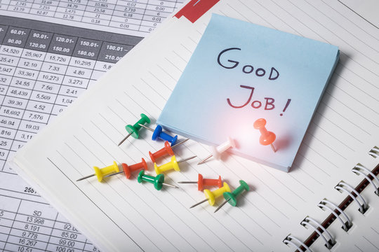 Good job text on apper note at office