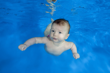 Fototapeta na wymiar little 4 months boy learns to swim underwater in the pool