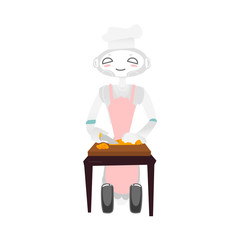 Wheeled robot assistant in chef hat and apron cooking, chopping vegetables, artificial intelligence concept, flat cartoon vector illustration isolated on white background. Funny robot chef cooking