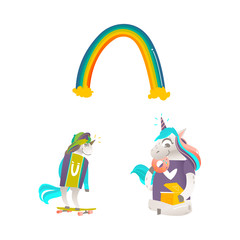 Vector cartoon funny stylized unicorn skateboarding, sitting, eating doughnut from present box, rainbow. Fairy mysterious creature, isolated illustration on a white background