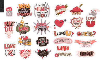 Set of contemporary girlie Love letter logo. A set of vector patches, logo and letter composition. Vector stickers kit.