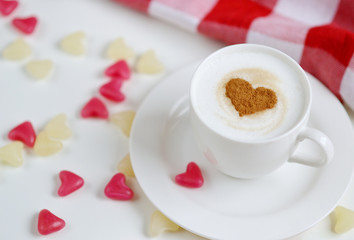Cappuccino with heart pattern of cinnamon, Valentines Day