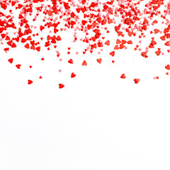 Valentine's Day background. Flat lay, top view of red, pink and white hearts. Blog header or hero. Love concept.