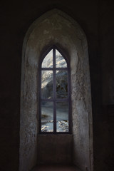 Gothic window overlooking the mysterious landscape