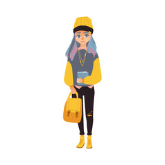 Vector cartoon young smiling teen student girl holding book, backpack. University, college cute female character, woman modern casual outfit jeans hat grey hair. Isolated illustration white background