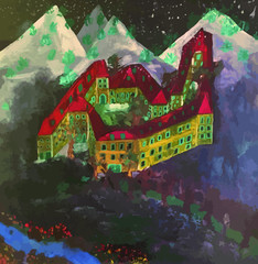 Manoir imaginaire dessiné avec un toit rouge entourant un jardin accroché à des montagnes enneigées