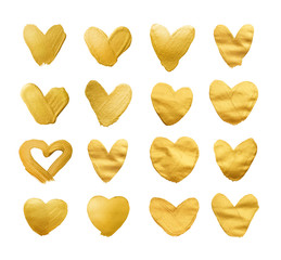 Set of shining hearts for you amazing design project. Watercolor texture brush strokes isolated on white. Abstract hand painted golden background.