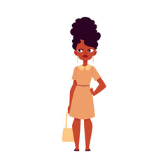 Vector flat adult african woman standing with dissatisfied, annoyed angry face expression, arm on waist in formal clothing. Female black character, isolated illustration on a white background.