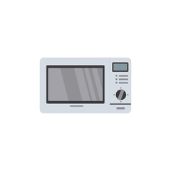 Microwave oven with timer, selection knob and closed door, flat style vector illustration isolated on white background. Flat style front view picture of microwave oven