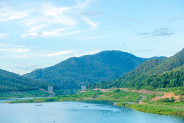 Fototapeta na wymiar Blue sky cloud view of Mae Kuang Dam in Chiang Mai Thailand